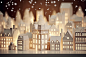 house paper christmas collection with lights on a white background, in the style of atmospheric ambiance, elegant cityscapes, selective focus, shaped canvas, paper sculptures, simple, snow scenes