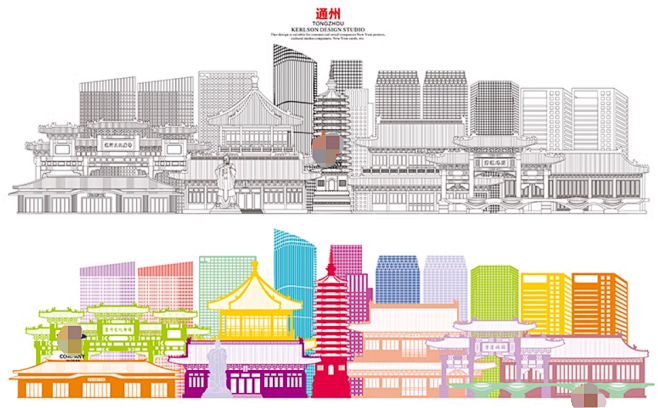 中国北京通州区地标通州线稿线描通州标志性...