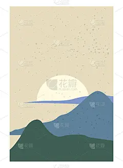 景观抽象现代当代背景海洋海洋日落。山，山，浪的形状。矢量插图新潮艺术平面极简风格模板横幅海报装饰