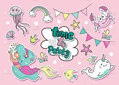 生日套装与时尚徽章美人鱼，独角兽鲸鱼，鱼，水母，螃蟹和海星在粉红色的背景。矢量股票插图派对的女孩