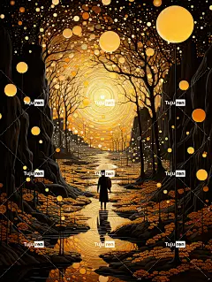 富有想象力的奇幻风景插画海报金黄色