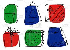 圣诞礼物集，礼品盒收集，涂鸦集，包装图标，矢量图形，手绘，线条艺术，彩色点，白色孤立的背景