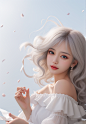 01194-10-a woman,white_background,grey hair,white ribbons fluttering up in the air,beautiful and romantic,curly hair,white petals fall,of