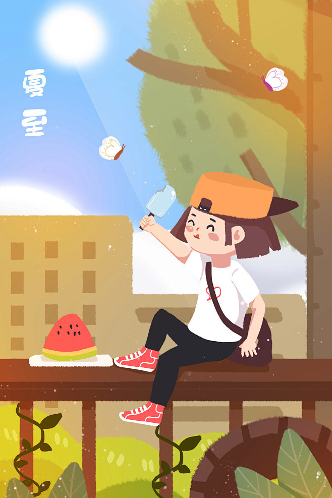 绿色夏季插画清新可爱清爽夏天冰棒爱美女生女孩卡通西瓜蝴蝶小学生