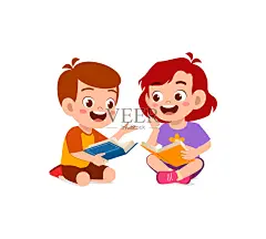 小男孩和小女孩一起读书插画图片素材