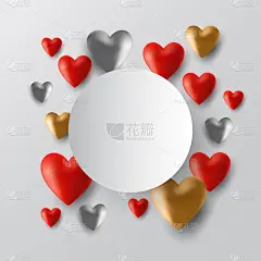 情人节促销黑色纸标签3d红色，金色，银色，心形和圆形空白纸背景购物促销。