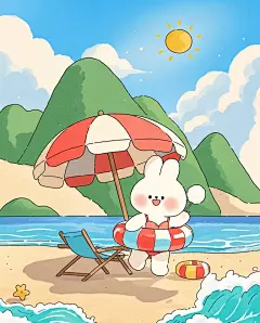 手绘插画可爱的小兔子在海边玩大大的太