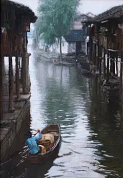 #建筑手绘之美# 江南水乡风光油画作品——画家陈逸飞| 闲梦江南梅熟日，夜船吹笛雨萧萧，人语驿边桥。#建筑启示录# @微博设计美学 ​​​​