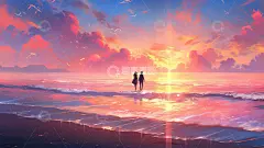 情人节情侣海边粉色唯美场景日出插画高清模板免费下载-趣麦麦图