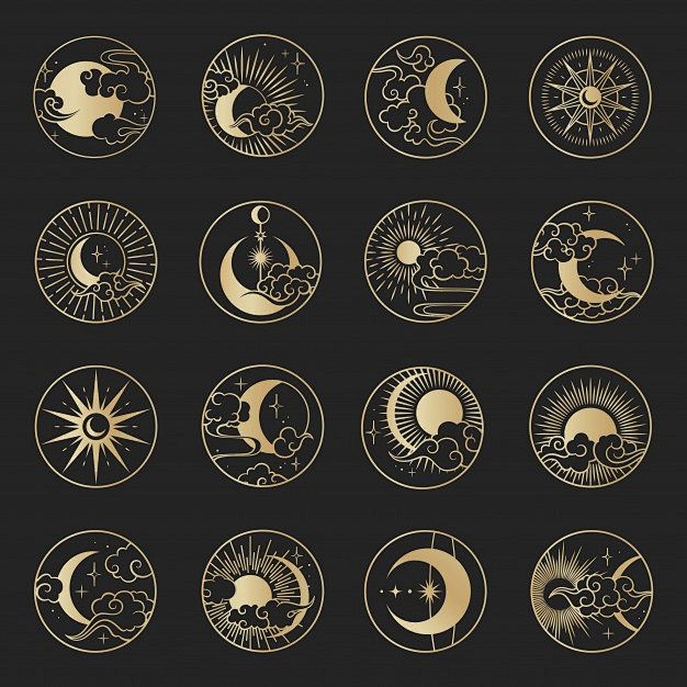 中国风云、月亮、太阳和星星中式抽象设计元素矢量图素材