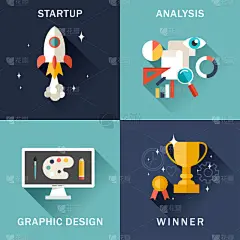 平面向量商业插画的一套。启动时，分析，平面设计赢家