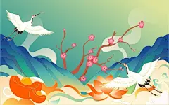 中国风仙鹤国潮风景插画矢量图设计素材