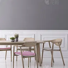 Dining room wall background templateDining room apartment interior with wooden chairs and table, green plan decoration. White polished floor, and classical decoration on the wall. Gray wall copy space template mock up.