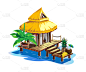 tropical house with thatched rocolorful