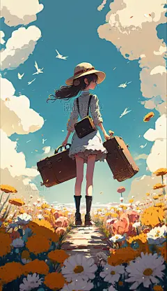 宫崎骏风动漫旅行小女孩行李箱小清新花朵花海数字作品AI作品数字插画