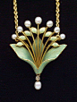 ANDR? RAMBOUR  Art Nouveau Lily-of-the-Valley Pendant/Brooch  Gold Enamel Diamond Pearl  French, c.1900