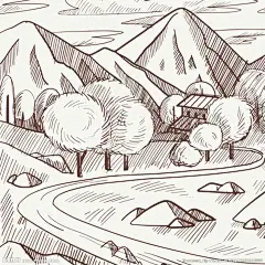 手绘素描山谷山路插图