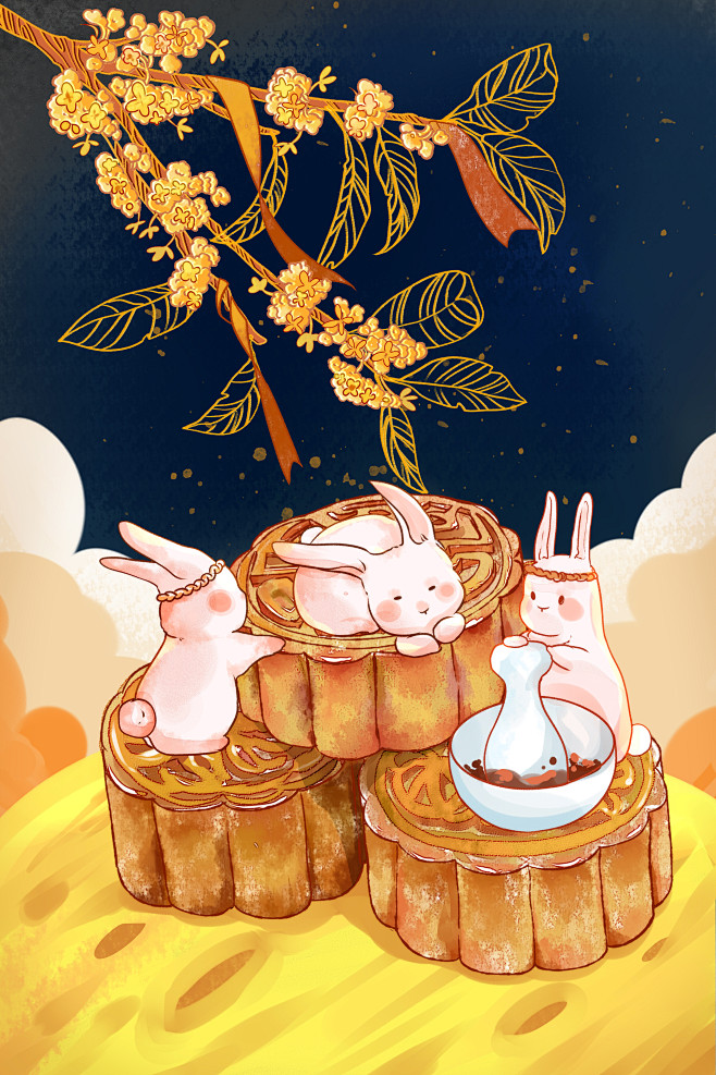 中秋月饼玉兔插画中秋节桂花月球中秋——千...