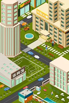 2.5D城市建筑街区办公楼写字楼商业插画