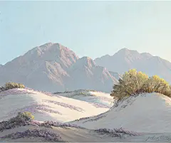 Spring In The Dunes, 1957约翰·希尔顿(John William Hilton)1904-1983
出生于中国，是传教士的儿子，在美国腹地作为牧师的孩子抚养长大，然后按照自己的方式发展自己的人生道路，不受正规教育的阻碍。
在深深的好奇心驱使下，他成为了一名专业的宝石学家、植物学家、地质学家和矿工、动物学家、乔治·巴顿将军的顾问、艾森豪威尔将军的朋友和画家，喜欢弹吉他和唱歌，是一位非常好的作家，当然，他的调色刀或画笔也不差。他在莫哈维沙漠安家，在马路对面经营着一家人迹罕至的宝石店和画
