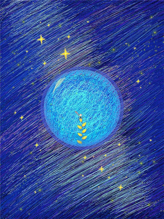 手绘唯美插画小船天空月亮胡泊河流月光星空...