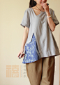 禧福●2012夏装  民族风  布衣拼色 印花 宽松衬衫 璃
