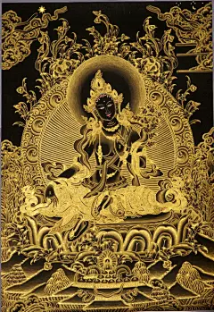 尼泊尔唐卡 喇嘛纯手绘挂画 绿度母画像黑唐