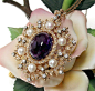 1940's - Amethyst Cabochon & Diamond Brooch Pendant