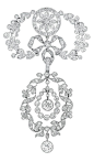 Belle Epoque Platinum and Diamond Brooch, Cartier   Topped by a circle centering a flower, flanked by a garland of florets and leaves, centering a bow, joined by an oval link supporting an oval garland of florets, leaves and ribbons, centering a flexibly-