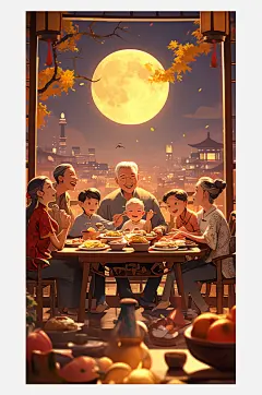 数字艺术中秋节插画素材阖家团圆海报背景