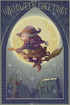 贺卡,月亮,墓地,女巫,森林,扫帚,怪异,死的,惊骇