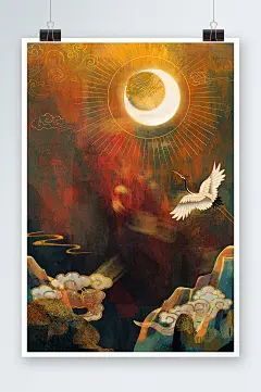 怀旧中国风仙鹤手绘插画设计
