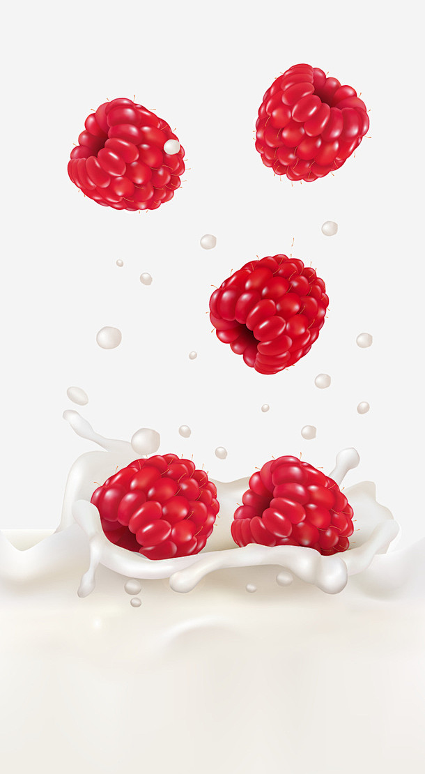 红色树莓牛奶高清素材 卡通水果 液体 白...