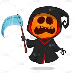死神南瓜头卡通人物与镰刀。万圣节杰克灯插图设计的派对邀请或海报。向量稻草人