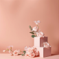 This is a simple display background, a clean pink backdrop decorated with pink roses, the overall color is pink, warm, joyful, simple, photography, 8K , studio lighting ,-- v 5