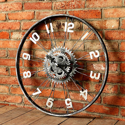 法慕小城自行车轮壁挂钟复古工业风创意铁艺...