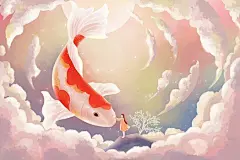 手绘唯美梦幻星空锦鲤女孩插画海报背景唯美插画风景