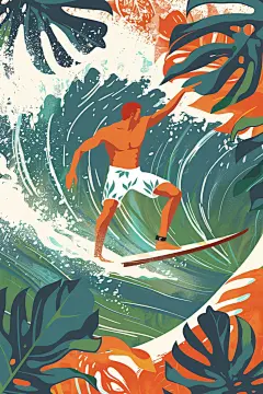 扁平风冲浪夏天清新插画