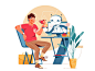 Modern robot assistant kit8 flat vector illustration character office computer table workplace help support bot assistant robot man
