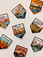 "The national park sticker series is inspired by the aesthetic  of NPS badges and patches. The landscape illustrations  are digitally hand-drawn with organic curvatures and shapes  to resemble natural elements. Perfect for souvenirs, gifts, stationer