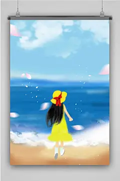 手绘唯美海边背景