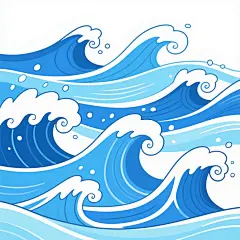白色背景下的卡通风格海浪插画，画面中呈现出多道蓝色波浪，海浪形态动感十足，浪花边缘为白色且带有卷曲的细节，波浪由深蓝到浅蓝渐变，富有层次感，整体色彩清新明快，营造出海洋的活力与灵动氛围。