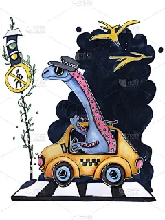 插图漫画幼稚的风格关于出租车司机的职业蓝色和粉红色的恐龙在车幽默的交通规则素描