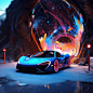 A close up of a blue sports car in front of a tunnel generative ai