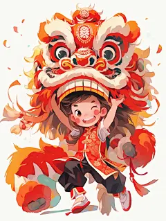 舞狮少年水彩插画喜庆海报