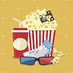 矢量插图。爆米花和饮料。薄膜带边界。电影院电影之夜图标在平面设计风格。明亮的背景。