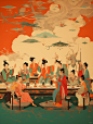 Chinese Dunhuang mural style ,perspective illustration, green background,The scene of many people drinking and dining together,dynamic pose,raw edge texture,Fluorescent Red Contrast Color Matching ,High Quality, Super Detailed, Ultra HD 32K UHD --ar 3:4 -