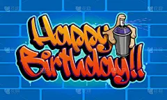 生日快乐贺卡。可读涂鸦样式文本与手拿着气雾剂.