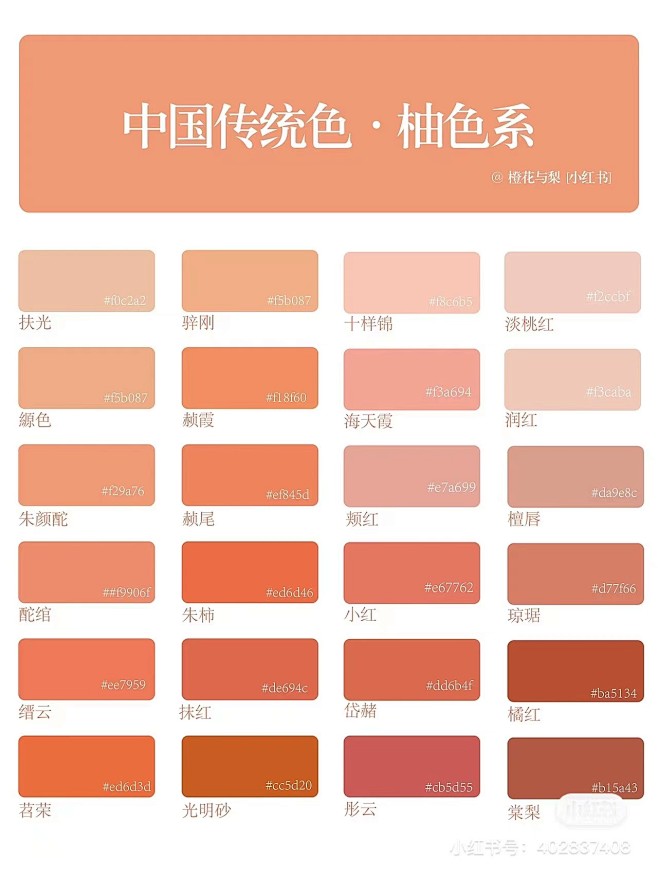 【中国传统色】柚色系 【扶光】扶光迫西汜，欢余宴有穷。 【朱颜酡】美人既醉，朱颜酡些。 【缙云】蒸栗绢绀缙红然，青绮绫毂靡润鲜。 【苕荣】美人 ...
