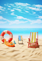 beach scene with Beach chairs, swimming rings, skateboards,, in the style of photo-realistic landscapes, video montages, digitally enhanced, isolated landscapes, liquid light emulsion, flat and graphic, realistic